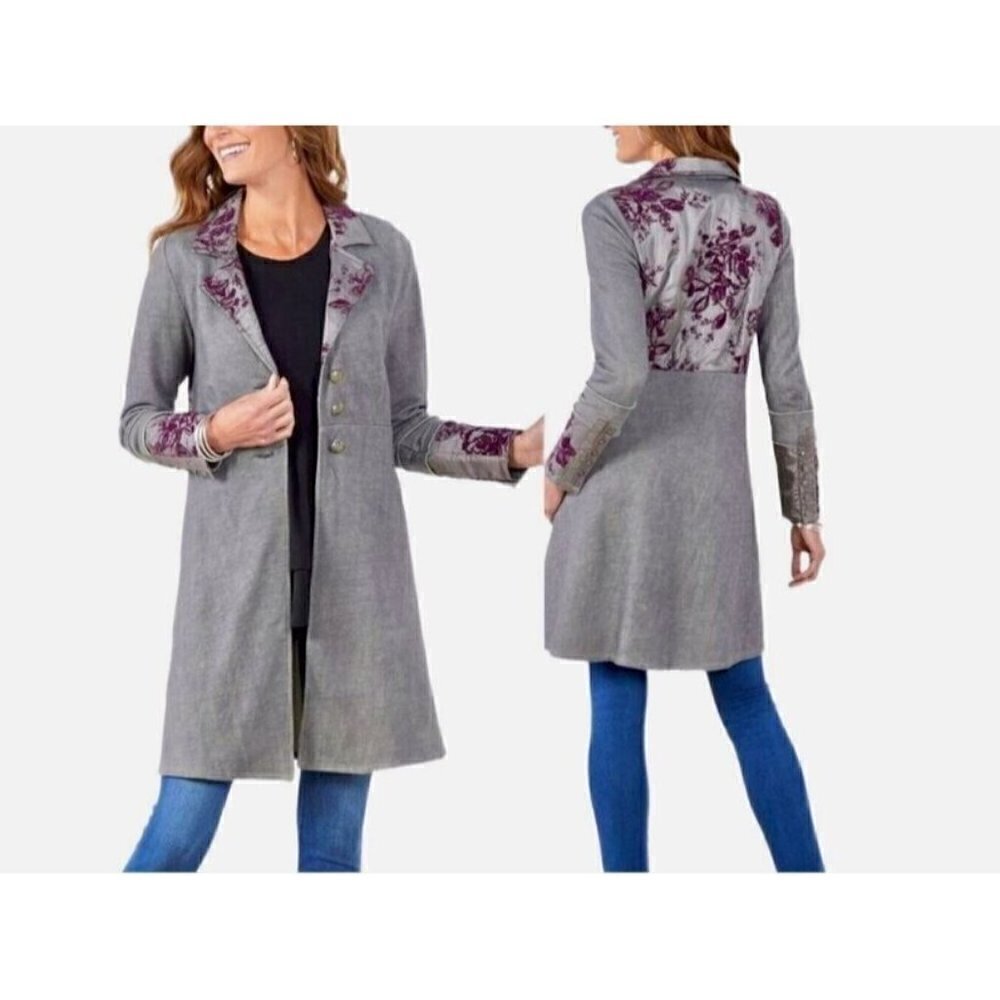 Soft Surroundings Granduer Jacket Womens Medium Gray Purple Embroidered Boho